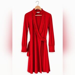 Diane von Furstenberg Volante Wrap Dress Red Wool Ruffle Trim Long Sleeve Size 8